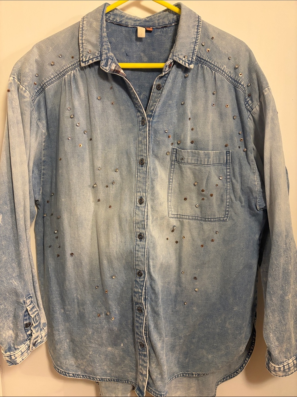Pilcro RHINESTONE Blue Studded Denim Button-Down Shirt LARGE w/Beads - Picture 2 of 10